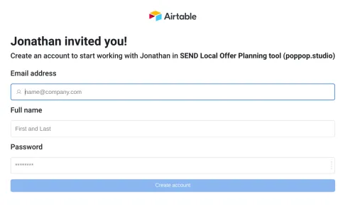 screenshot of Airtable sign up